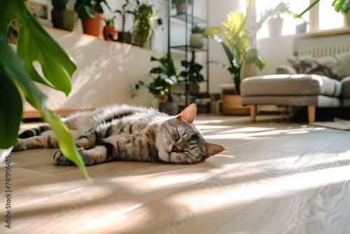 Chat tigré allongé par terre dans le salon et dormant photo