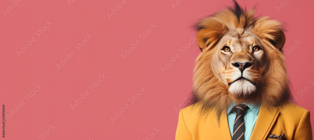 Obraz premium Anthropomorphic lion in suit working in office, studio shot with copy space, animal concept