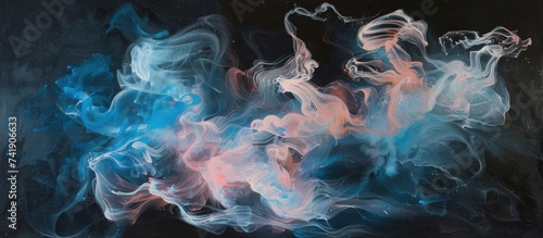 blue and pink cloud of smoke against a stark black background