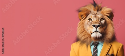 Anthropomorphic lion in suit working in office, studio shot with copy space, animal concept