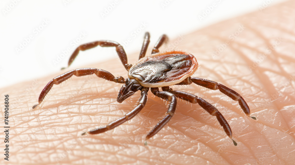Crawling tick on human skin background. Dangerous parasitic mite on skin texture. Disgusting biting insect, encephalitis infection-carrying tick. Crawling tick on human skin background. Dangerous parasitic mite on skin texture. Disgusting biting insect, encephalitis infection-carrying tick.