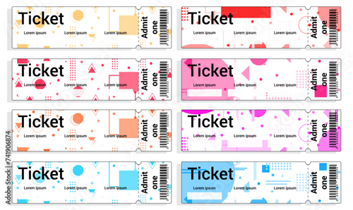 Set of ticket templates of different colors in Memphis style. Tickets for events. Entry tickets. Coupons.