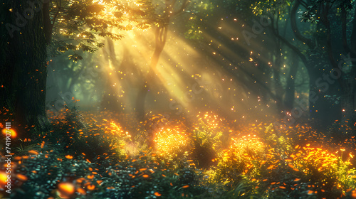 sunset in the woods 3d , Deep forest. fantasy backdrop