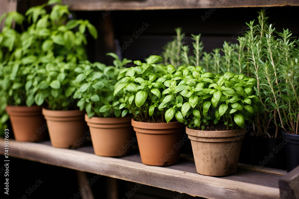Pots of fresh basil on a wooden shelf. Generated by artificial intelligence