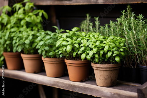 Pots of fresh basil on a wooden shelf. Generated by artificial intelligence