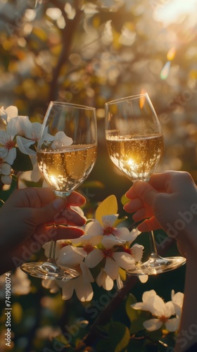 Two people toasting wine glasses with flowers in the background