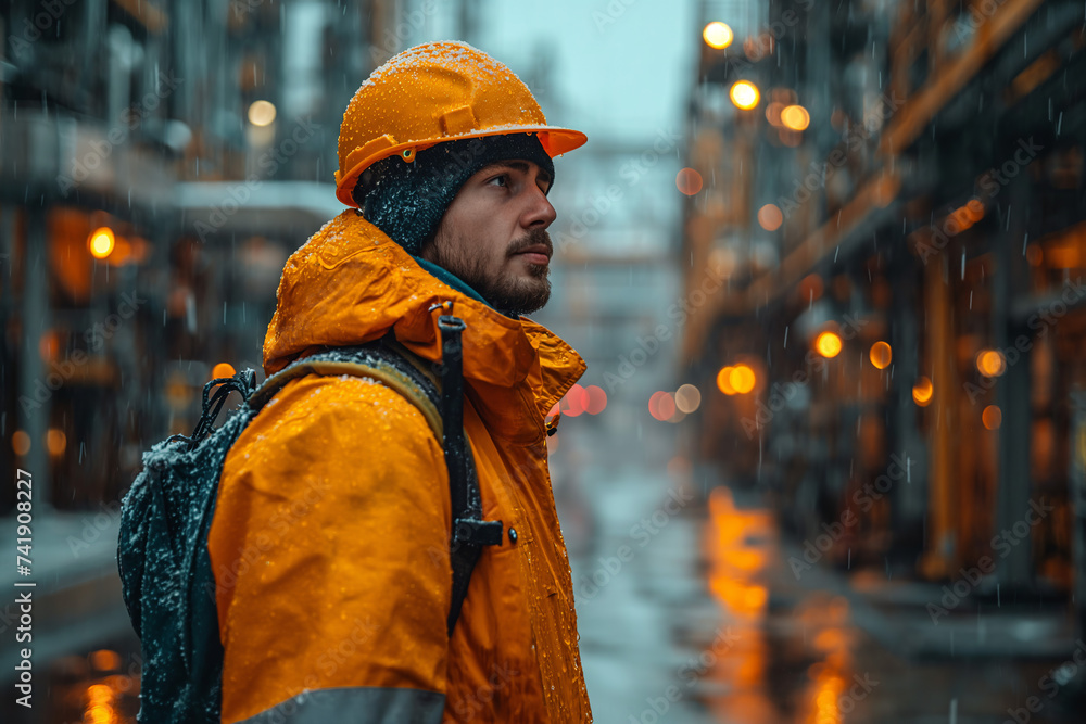 Worker in Rain. Worker in a yellow outfit and helmet during a rainy night in the city.