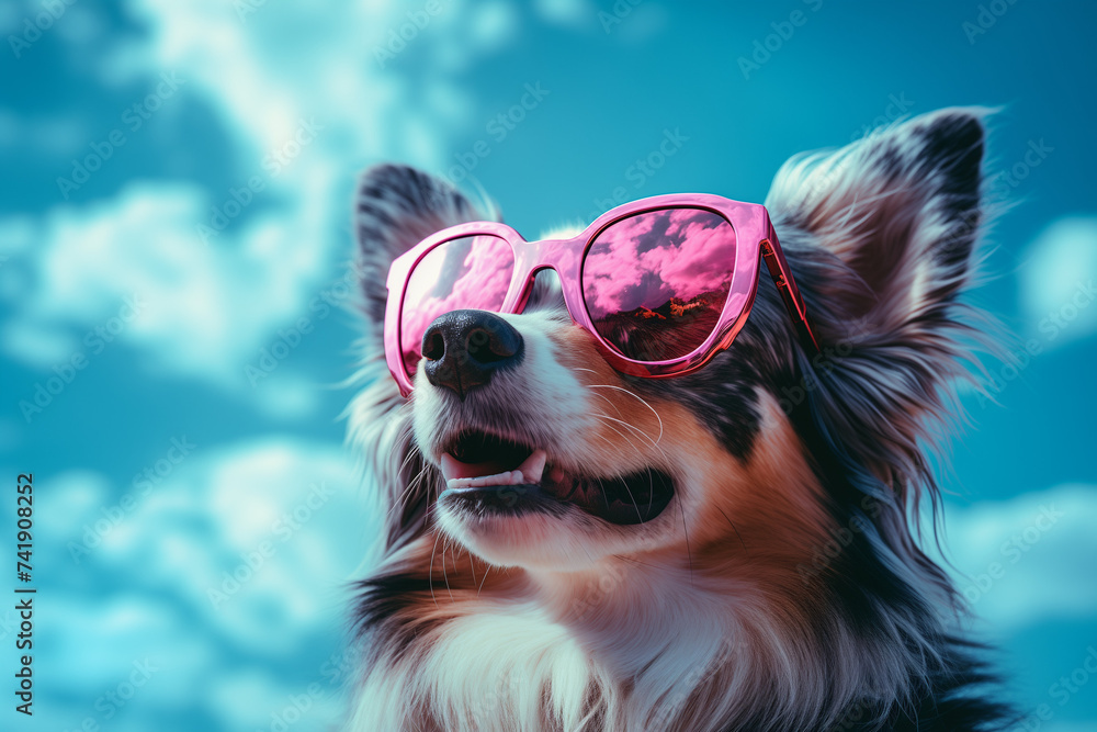 Dog in pink sunglasses with blue sky. Generative AI