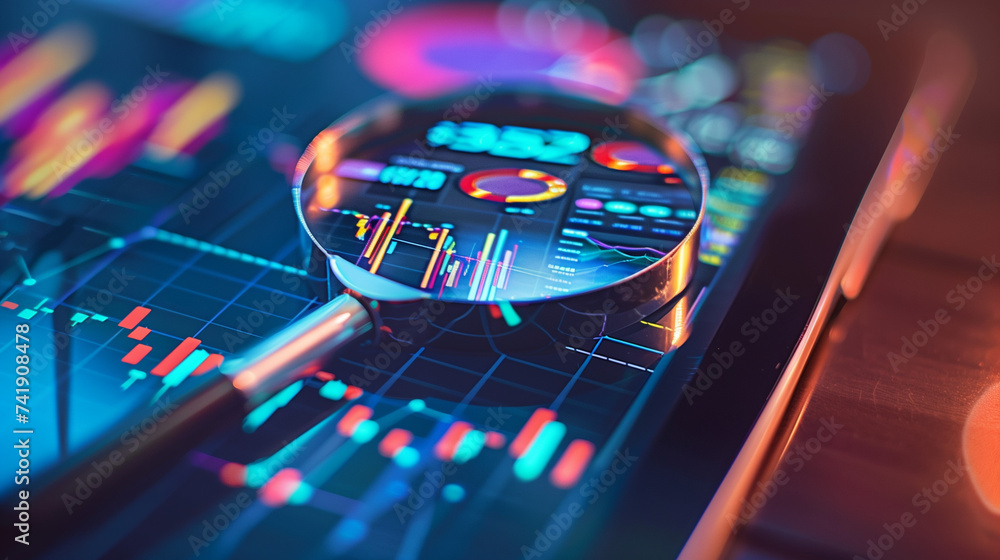 Obraz premium Drifting above a digital tablet, a magnifying glass reveals financial charts, symbolizing analysis in finance and data analytics. It underscores market trends and investment opportunities.