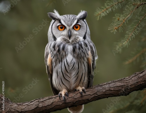 A white-faced Scopian owl (Ptilopsis leucotis) with huge orange eyes sits on a tree