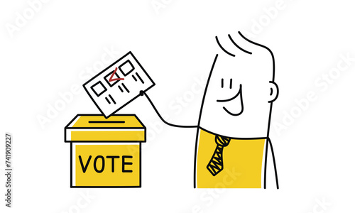 Stickman putting election ballot into box on voting station.