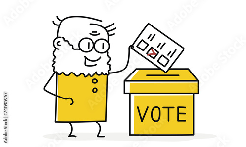 Old man putting election ballot into box on voting station.