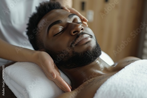 african american receiving a facial massage in the clinic