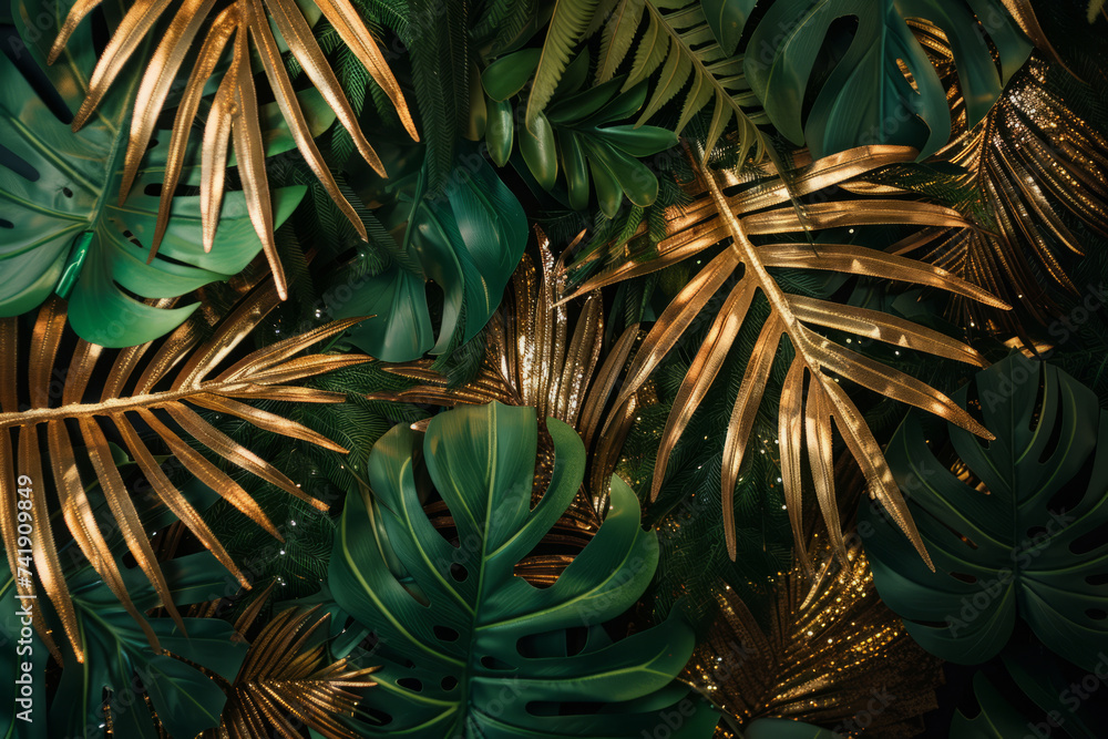 Fototapeta premium Tropical palm leaves and gold glitter background. Generative AI
