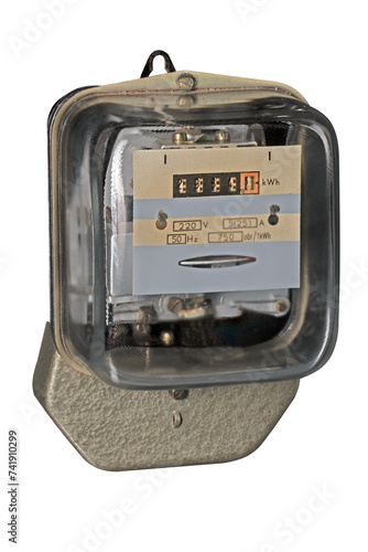 Old type energy meter for measuring electricity consumed in households. Isolated background. photo