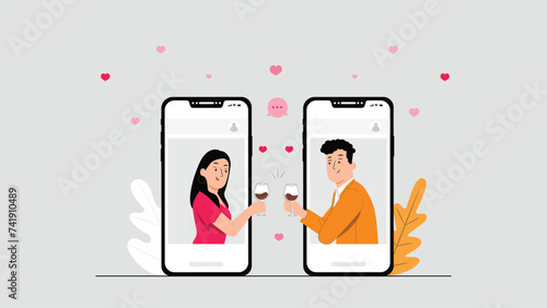Online dating love app concept. Men and women use smarphone to develop relations and date. Vector modern flat cartoon character illustration. Isolated on white background