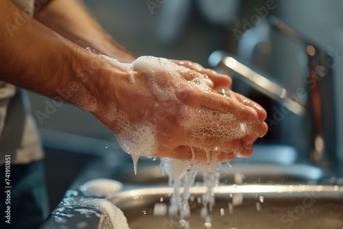 man washing his hands with soap in the bathroom