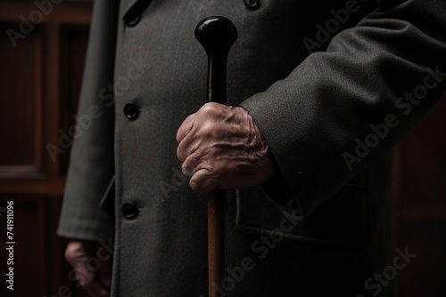 the hands of an elderly man using a cane