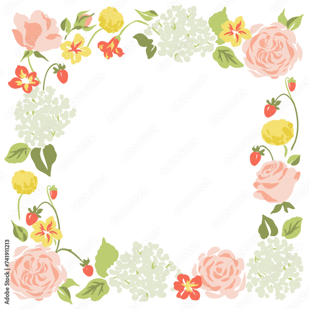 Vector Botanical Floral Square Frame Illustration in Pastel Tones with Strawberries, Roses and Hydrangeas