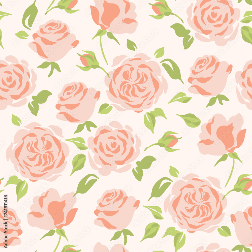 Vector Seamless Floral Pattern with Roses in Pastel Colors