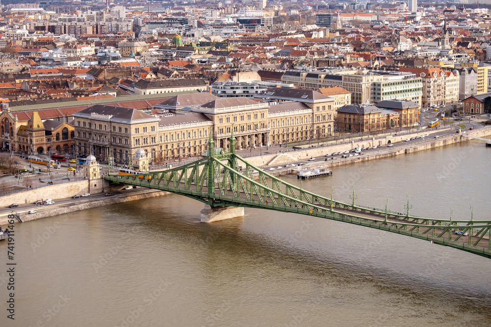 Iconic Liberty Bridge, crossing Danube river, connecting Buda and Pest parts of Budapest, Hungary