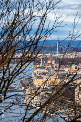 Amazing hungarian parliament building, rising above other buildings on the Danube river waterfront in the city of Budapest, Hungary