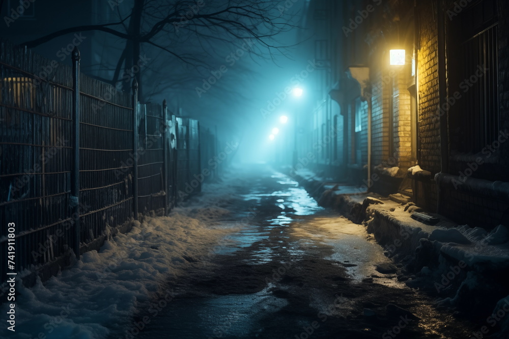 A city shrouded in mist under the veil of a frigid night. Dim street lights reveal remnants of snow on the ground, creating serene and mysterious atmosphere around the ancient churches and buildings.