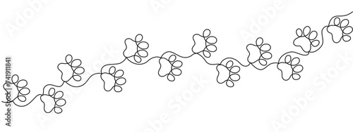 Cat or dog paw print design, continuous line pattern . Diagonal paw prints. Animal footprints drawing with one line. Vector illustration.