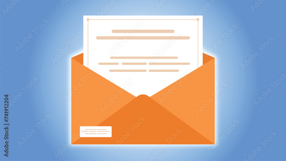 Open envelope with a letter with inscription on blue background Open envelope with a letter with inscription on blue background