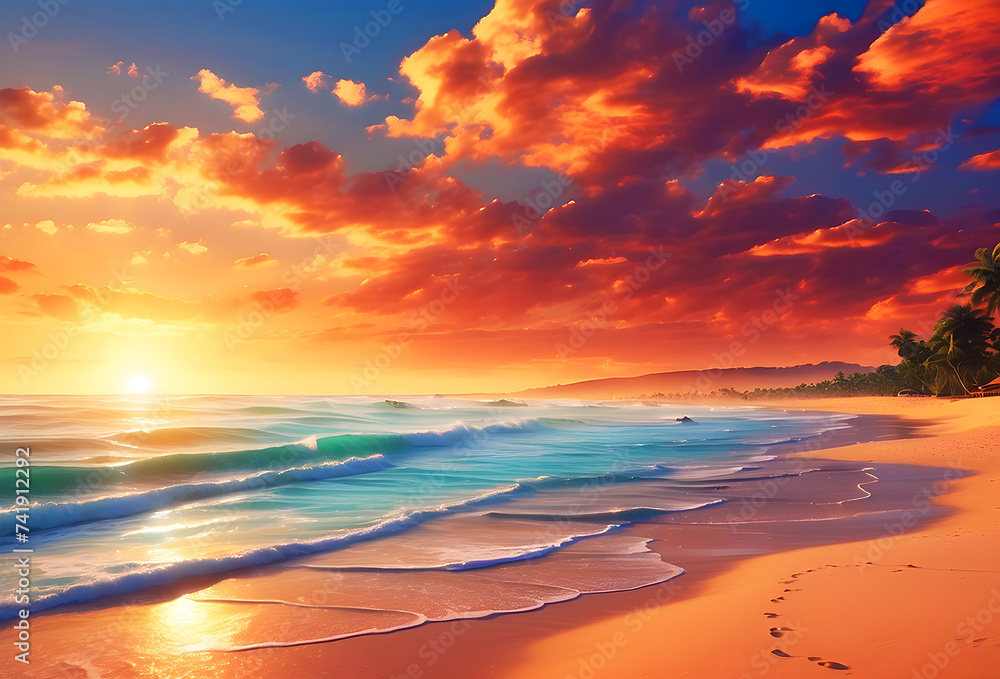a colorful evening sunset at the beach.