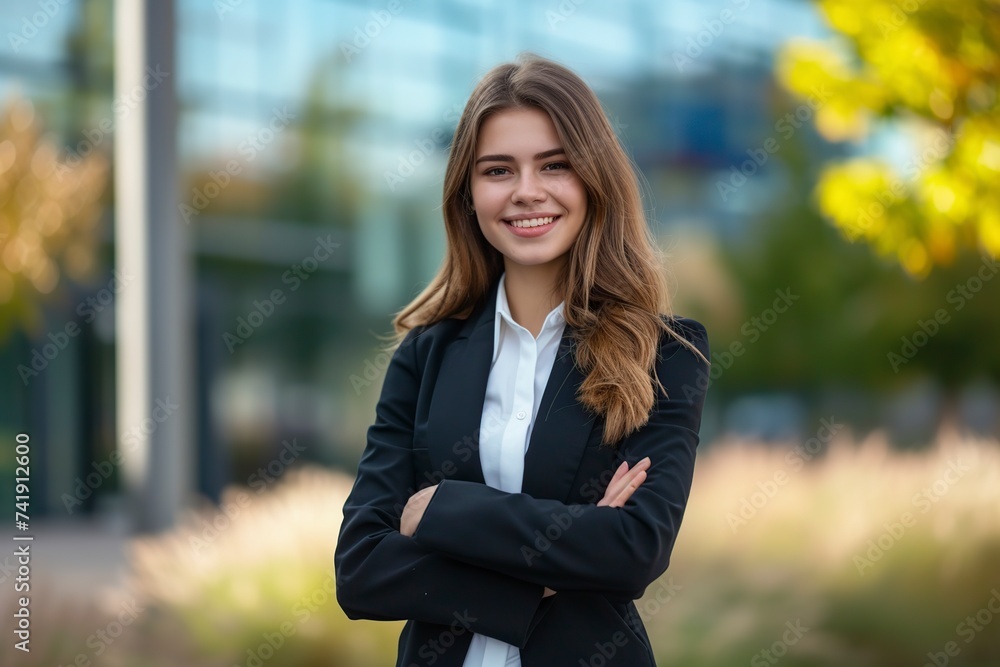 confident young woman with a pleasant smile standing with her arms crossed confident young woman with a pleasant smile standing with her arms crossed