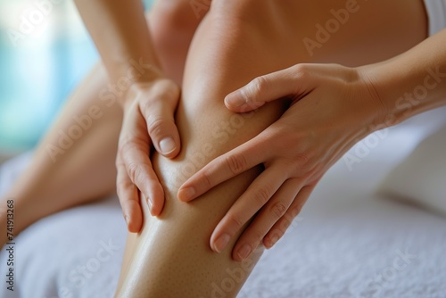 woman massaging her legs with cream