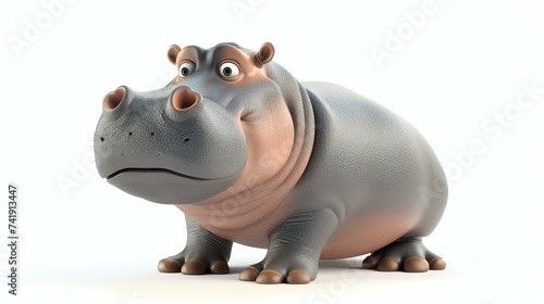 A delightful 3D illustration of an adorable hippo with a charming smile, created with intricate details and realistic textures, showcased on a pristine white background. Perfect to add a tou