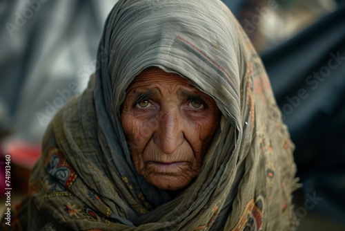 very sad, tired and wrinkled old woman looking at the camera