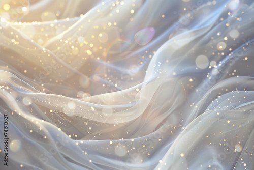 close up horizontal image of an abstract white waves, particles and glitters shiny gradient background Generative AI