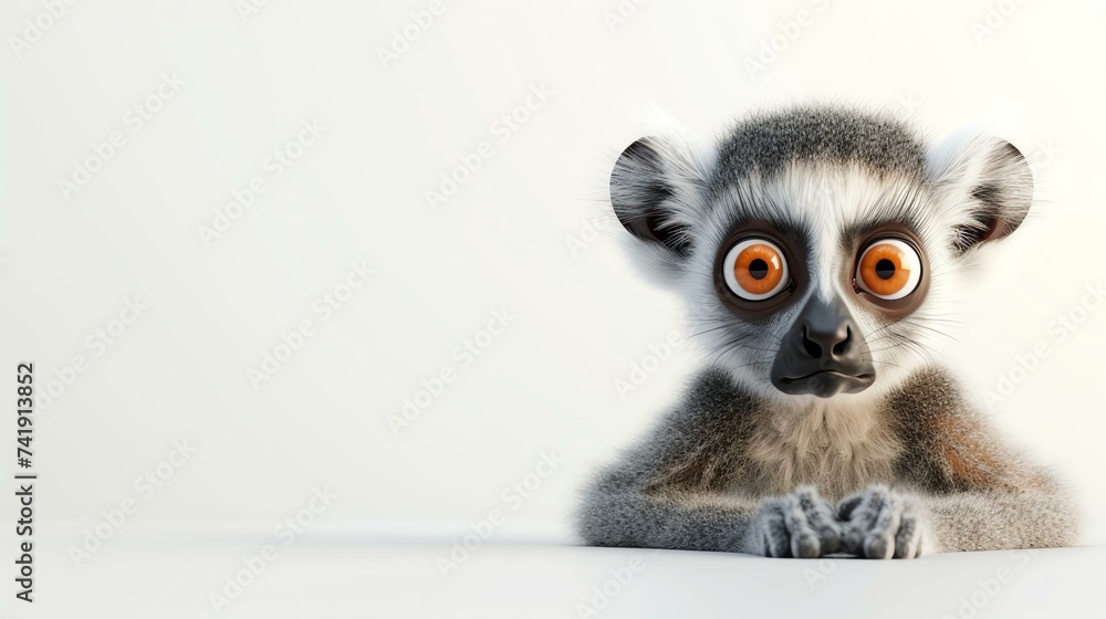 Fototapeta premium A delightful 3D creation of a cute lemur, showcasing its endearing features and vibrant personality, set against a clean white background. Ideal for adding a dose of charm to any creative pr