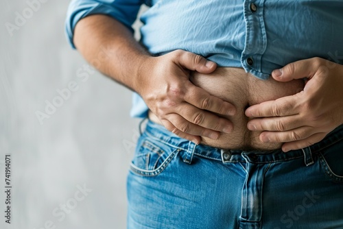 overweight man touching his voluptuous abdomen