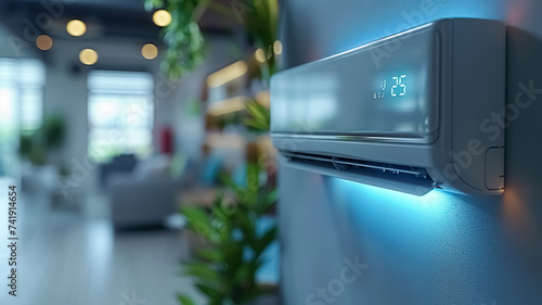 Air Conditioner indoor, turned on, full image of AC unit hanging on the wall under the ceiling, close-up of residential Air Conditioner photo