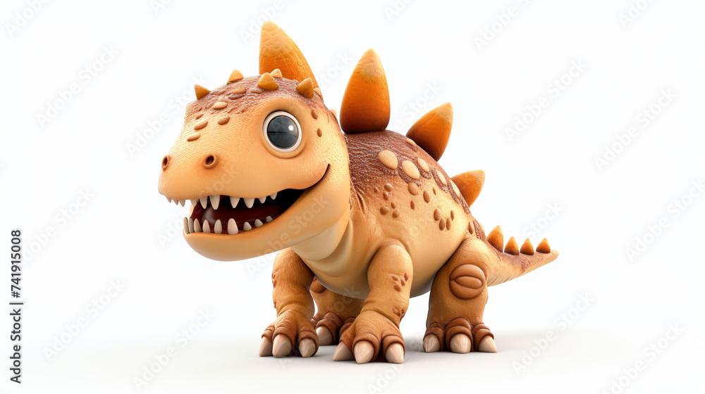 A charming 3D stegosaurus with a playful expression, rendered with intricate details, standing proudly on a clean white background. Perfect for adding an adorable touch to any project or des