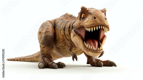A charming 3D rendition of a cute tyrannosaurus rex, poised playfully on a crisp white background. This adorable stock image will bring a touch of prehistoric joy to any project or design. © Factory
