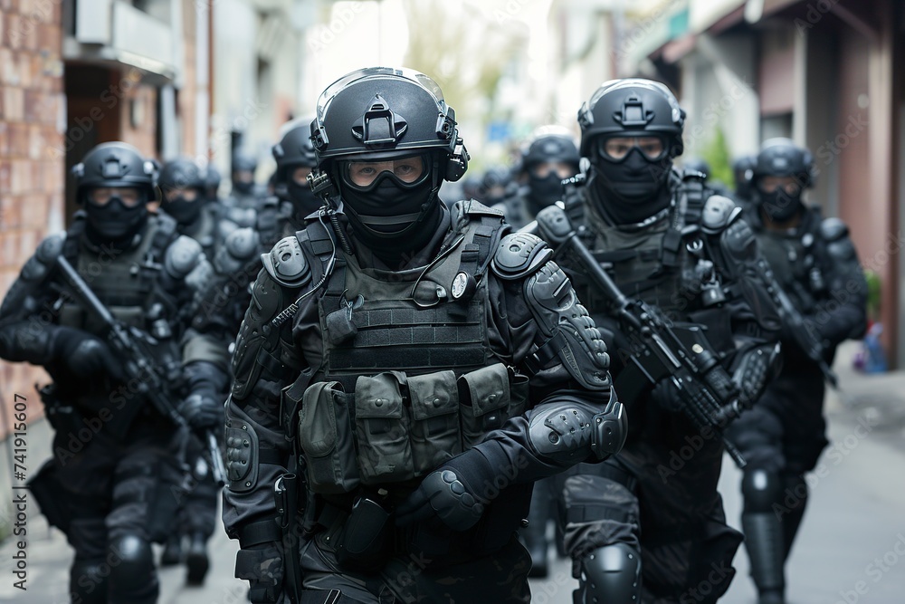 armed group of police officers with protective suits and helmets