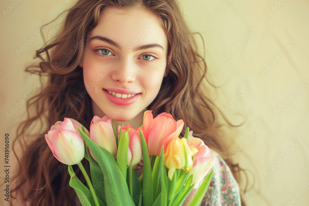 Portrait of a beautiful smiling young woman with a bouquet of tulips Portrait of a beautiful smiling young woman with a bouquet of tulips