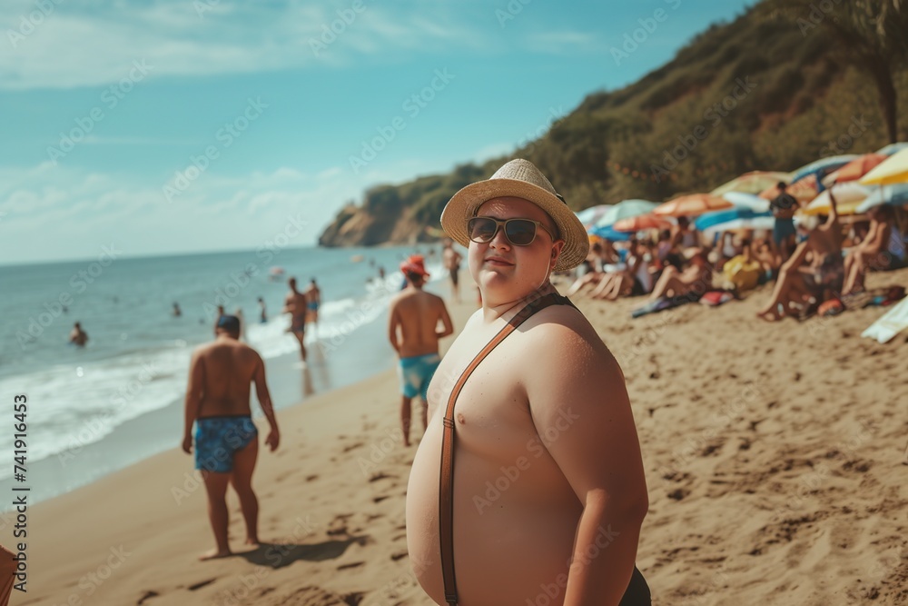 Fototapeta premium overweight man on the beach very sad