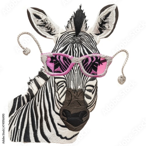 A close up of a zebra wearing sunglasses, embroidery on white background