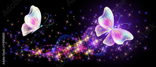 Flying delightful butterflies with sparkle and blazing trail flying in night sky among shiny glowing stars in cosmic space. Love and romance concept.