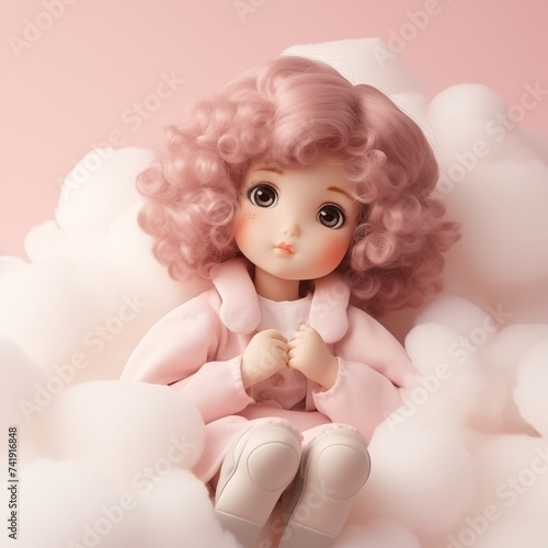 A pastel pink doll sits on a cloud. Gentle concept