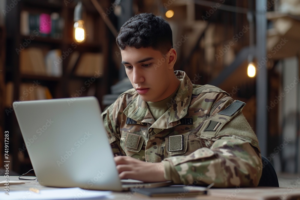 young military man using his laptop writing - obrazy, fototapety, plakaty 