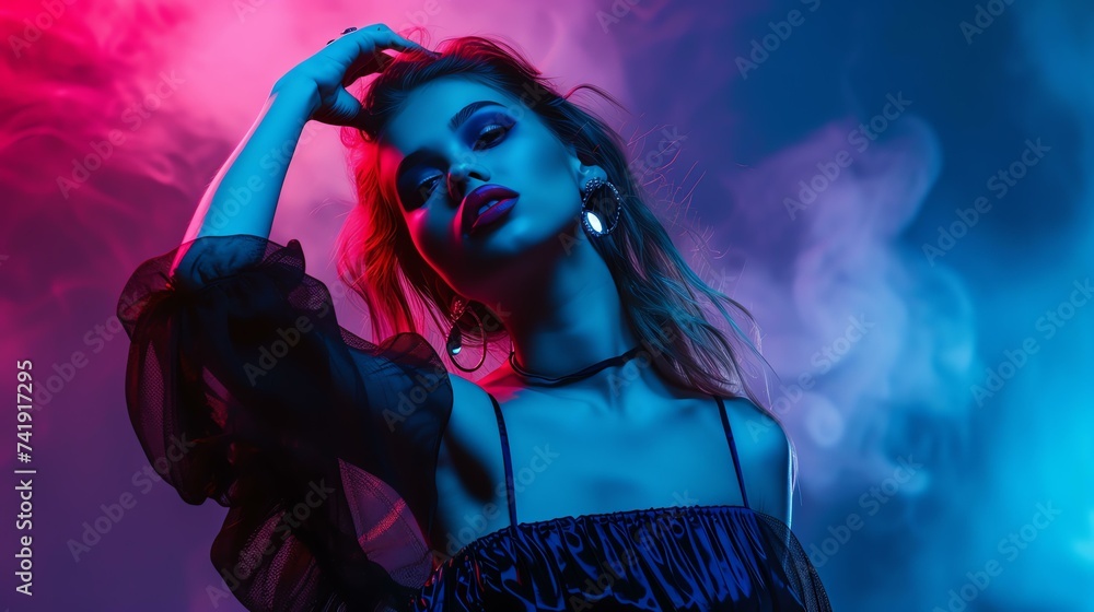 High-fashion model striking a dramatic pose, adorned in an avant-garde outfit, accentuated by a captivating high-contrast lighting setup. This visually striking image exudes attitude and ele