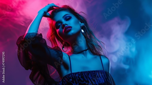 High-fashion model striking a dramatic pose, adorned in an avant-garde outfit, accentuated by a captivating high-contrast lighting setup. This visually striking image exudes attitude and ele