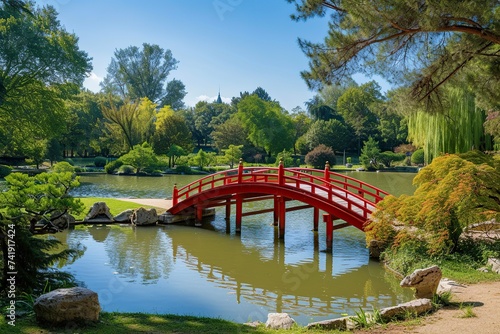beautiful view of an artificial bridge on a lake
